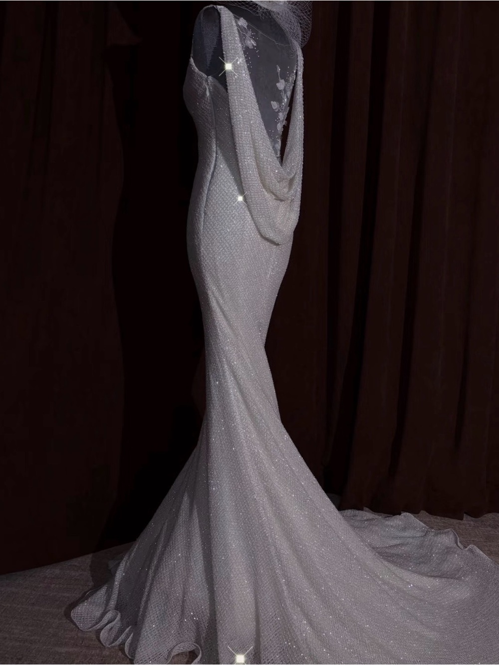 White Beaded Sleeveless Cowl Neck Mermaid Trumpet Wedding Dress Size 4-6